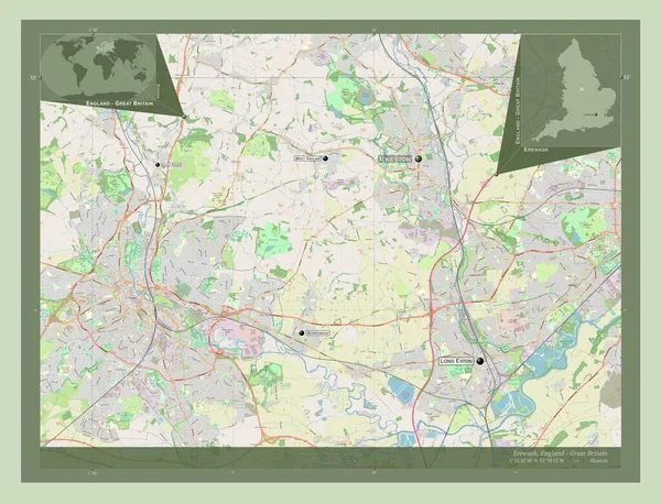 イングランドの大都市圏ではないエリーウォッシュ イギリス ストリートマップを開く 地域の主要都市の位置と名前 コーナー補助位置図 — ストック写真