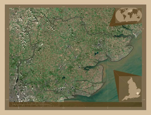 イギリスの行政郡 エセックス イギリス 低解像度衛星地図 地域の主要都市の場所 コーナー補助位置図 — ストック写真