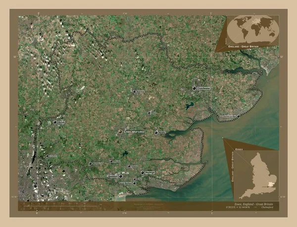 埃塞克斯 英格兰的行政区划 大不列颠 低分辨率卫星地图 该区域主要城市的地点和名称 角辅助位置图 — 图库照片