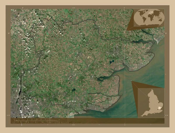 イギリスの行政郡 エセックス イギリス 低解像度衛星地図 コーナー補助位置図 — ストック写真