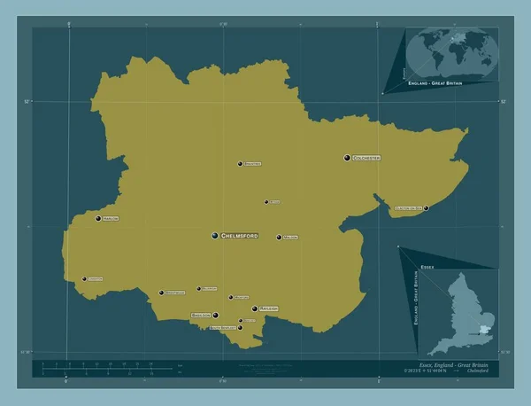 埃塞克斯 英格兰的行政区划 大不列颠 固体的颜色形状 该区域主要城市的地点和名称 角辅助位置图 — 图库照片