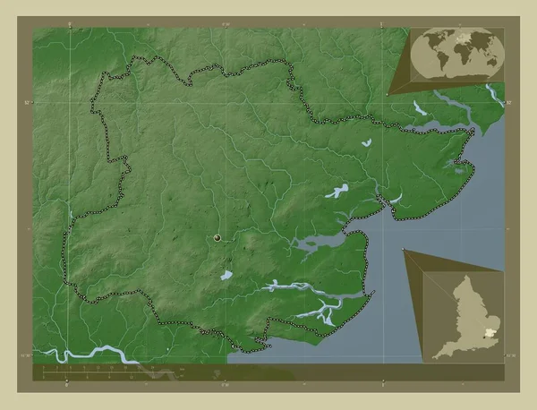 埃塞克斯 英格兰的行政区划 大不列颠 用Wiki风格绘制的带有湖泊和河流的高程地图 角辅助位置图 — 图库照片
