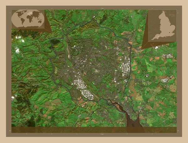 エクセター イギリスの非大都市圏 イギリス 低解像度衛星地図 地域の主要都市の場所 コーナー補助位置図 — ストック写真