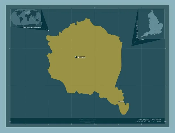埃克塞特 英格兰非大都市地区 大不列颠 固体的颜色形状 该区域主要城市的地点和名称 角辅助位置图 — 图库照片