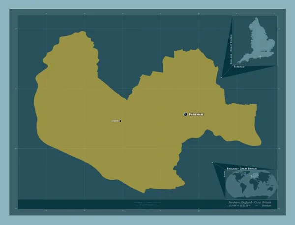 イギリスの首都圏ではない地域 ファレハム イギリス しっかりした色の形 地域の主要都市の位置と名前 コーナー補助位置図 — ストック写真