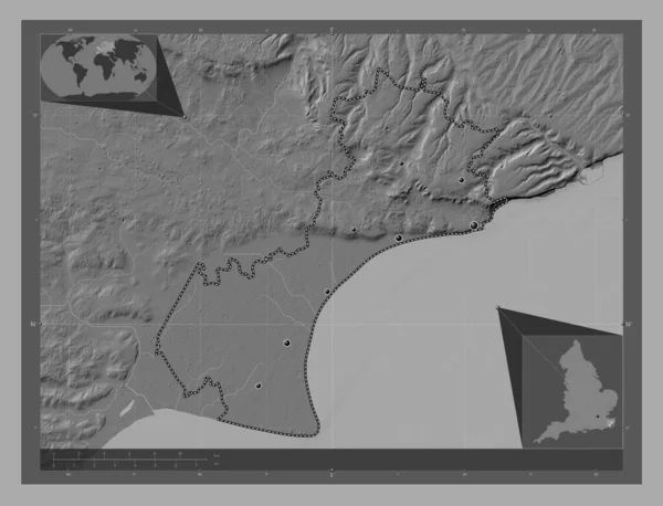 stock image Folkestone and Hythe, non metropolitan district of England - Great Britain. Bilevel elevation map with lakes and rivers. Locations of major cities of the region. Corner auxiliary location maps