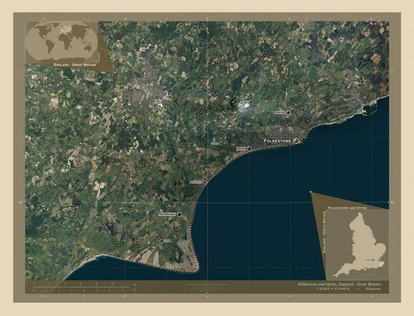 Folkestone和Hythe 英国非都市地区 高分辨率卫星地图 该区域主要城市的地点和名称 角辅助位置图 — 图库照片