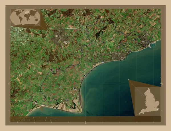 フォークストーンとハイス イギリスの非大都市圏 イギリス 低解像度衛星地図 地域の主要都市の場所 コーナー補助位置図 — ストック写真