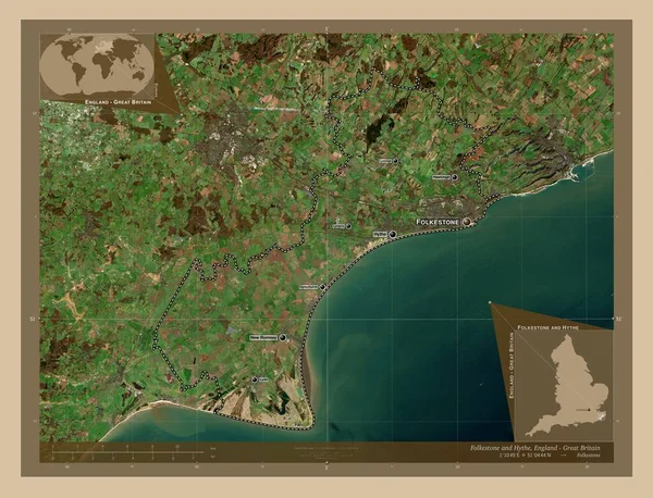 フォークストーンとハイス イギリスの非大都市圏 イギリス 低解像度衛星地図 地域の主要都市の位置と名前 コーナー補助位置図 — ストック写真