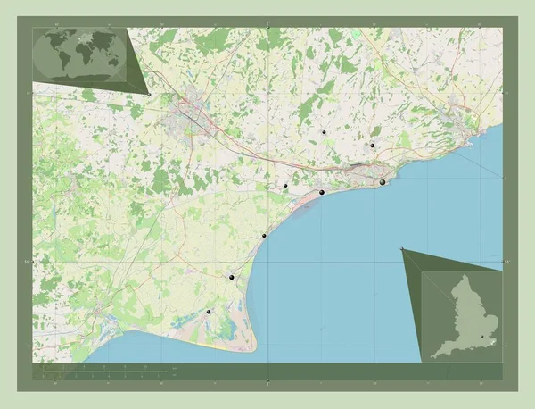 フォークストーンとハイス イギリスの非大都市圏 イギリス ストリートマップを開く 地域の主要都市の場所 コーナー補助位置図 — ストック写真