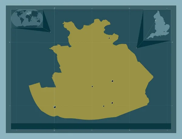 イングランドの非大都市圏フィールド イギリス しっかりした色の形 地域の主要都市の場所 コーナー補助位置図 — ストック写真