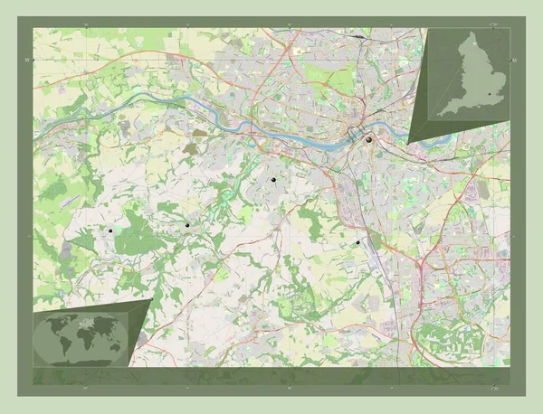 イギリスの統一的権威であるゲーツヘッド 英語版 イギリス ストリートマップを開く 地域の主要都市の場所 コーナー補助位置図 — ストック写真