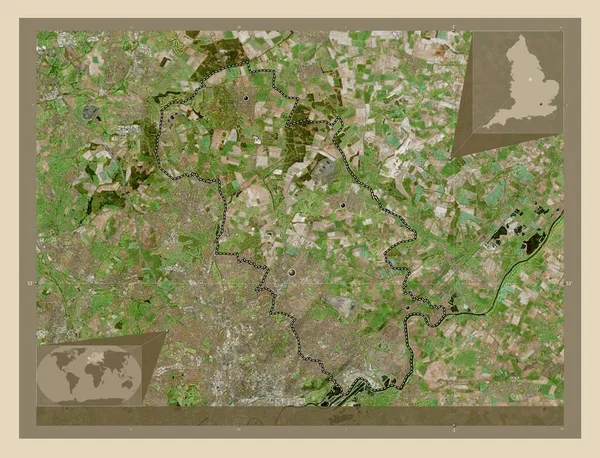 イギリスの非大都市圏ゲディング イギリス 高解像度衛星地図 地域の主要都市の場所 コーナー補助位置図 — ストック写真
