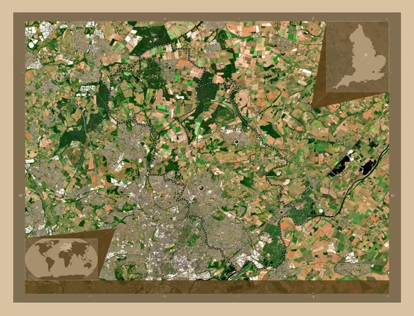 イギリスの非大都市圏ゲディング イギリス 低解像度衛星地図 地域の主要都市の場所 コーナー補助位置図 — ストック写真