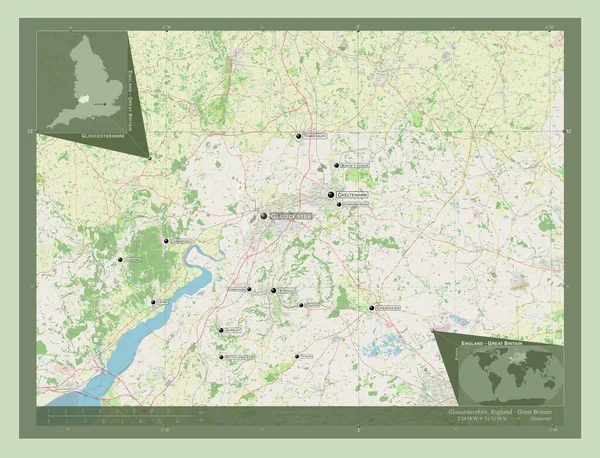 格洛斯特郡 英格兰的行政区划 大不列颠 开放街道地图 该区域主要城市的地点和名称 角辅助位置图 — 图库照片