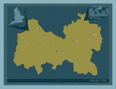 Guildford, İngiltere 'nin metropolitan olmayan bölgesi - Büyük Britanya. Katı renk şekli. Bölgenin büyük şehirlerinin yerleri ve isimleri. Köşedeki yedek konum haritaları