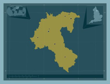 Hambleton, İngiltere 'nin metropolitan olmayan bölgesi, Büyük Britanya. Katı renk şekli. Bölgenin büyük şehirlerinin yerleri. Köşedeki yedek konum haritaları