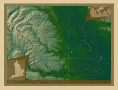 Harrogate, İngiltere 'nin metropolitan olmayan bölgesi - Büyük Britanya. Gölleri ve nehirleri olan renkli yükseklik haritası. Köşedeki yedek konum haritaları