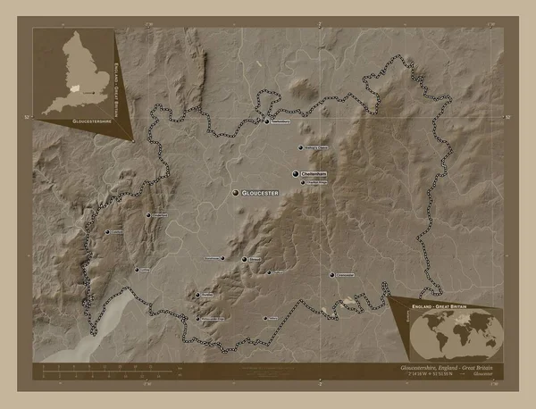 Gloucestershire Hrabstwo Administracyjne Anglii Wielka Brytania Mapa Elewacji Kolorowe Sepia — Zdjęcie stockowe