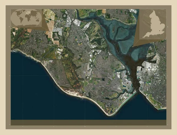 イギリスの首都圏ではないゴスポート イギリス 高解像度衛星地図 地域の主要都市の場所 コーナー補助位置図 — ストック写真