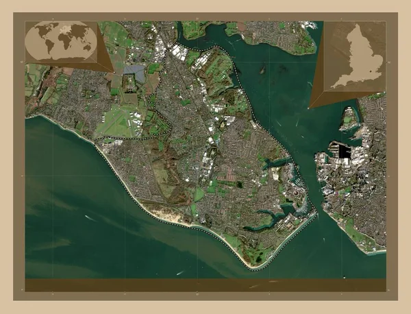 イギリスの首都圏ではないゴスポート イギリス 低解像度衛星地図 コーナー補助位置図 — ストック写真