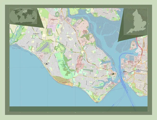 イギリスの首都圏ではないゴスポート イギリス ストリートマップを開く 地域の主要都市の場所 コーナー補助位置図 — ストック写真