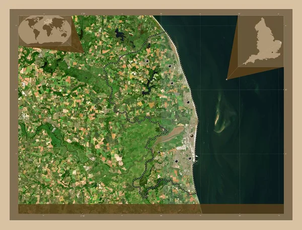 グレート ヤーマス イングランドの首都圏ではない地区 イギリス 低解像度衛星地図 地域の主要都市の場所 コーナー補助位置図 — ストック写真