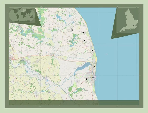 グレート ヤーマス イングランドの首都圏ではない地区 イギリス ストリートマップを開く 地域の主要都市の場所 コーナー補助位置図 — ストック写真