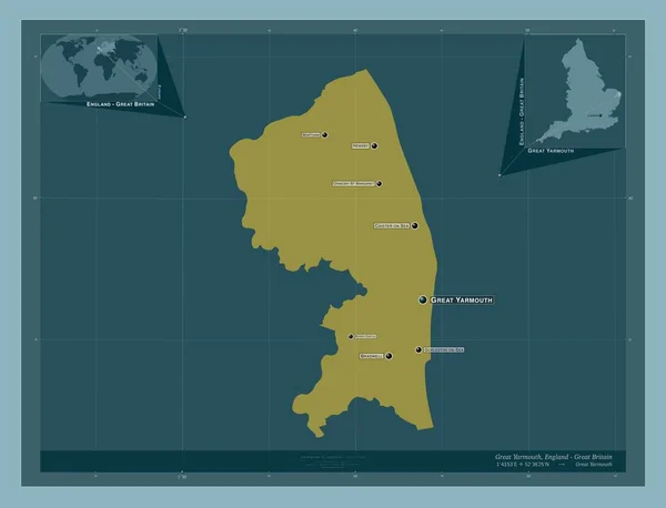 大雅茅斯 英格兰的非大都市地区 大不列颠 固体的颜色形状 该区域主要城市的地点和名称 角辅助位置图 — 图库照片