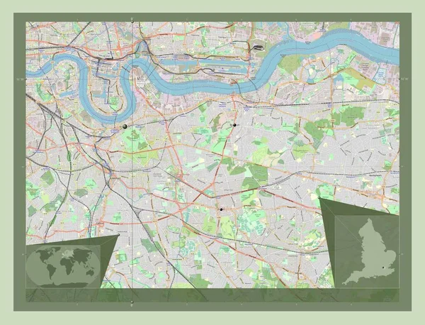 英国伦敦格林威治的皇家自治区 大不列颠 开放街道地图 该区域主要城市的所在地点 角辅助位置图 — 图库照片