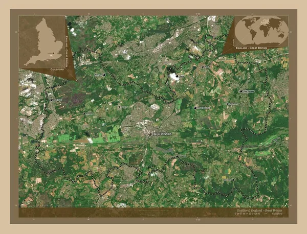イギリスの非大都市圏 ギルフォード イギリス 低解像度衛星地図 地域の主要都市の位置と名前 コーナー補助位置図 — ストック写真