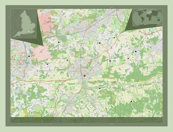イギリスの非大都市圏 ギルフォード イギリス ストリートマップを開く 地域の主要都市の場所 コーナー補助位置図 — ストック写真