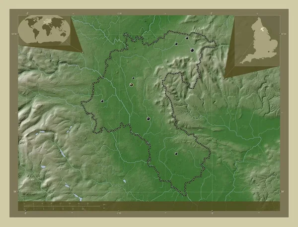 汉密顿 英格兰的非大都市地区 大不列颠 用Wiki风格绘制的带有湖泊和河流的高程地图 该区域主要城市的所在地点 角辅助位置图 — 图库照片