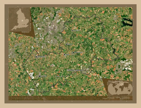 イングランドの非大都市圏 ハーバロー イギリス 低解像度衛星地図 地域の主要都市の位置と名前 コーナー補助位置図 — ストック写真