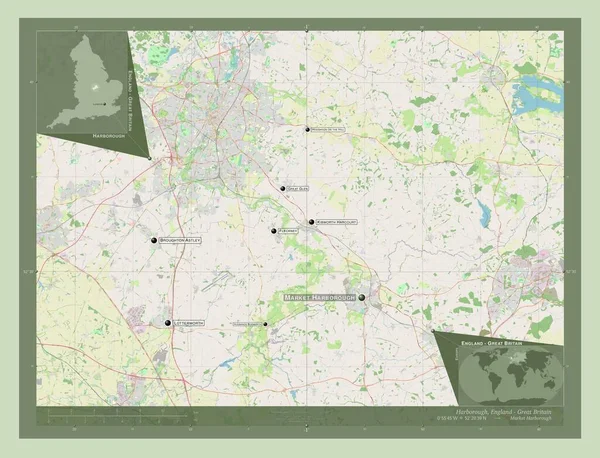 イングランドの非大都市圏 ハーバロー イギリス ストリートマップを開く 地域の主要都市の位置と名前 コーナー補助位置図 — ストック写真