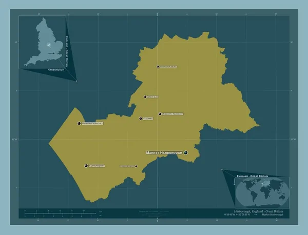 イングランドの非大都市圏 ハーバロー イギリス しっかりした色の形 地域の主要都市の位置と名前 コーナー補助位置図 — ストック写真