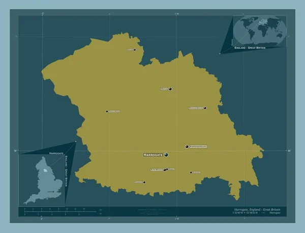 哈罗盖特 英格兰非大都市地区 大不列颠 固体的颜色形状 该区域主要城市的地点和名称 角辅助位置图 — 图库照片