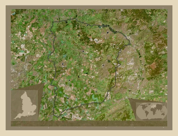 イギリスの首都圏ではないハート イギリス 高解像度衛星地図 地域の主要都市の場所 コーナー補助位置図 — ストック写真