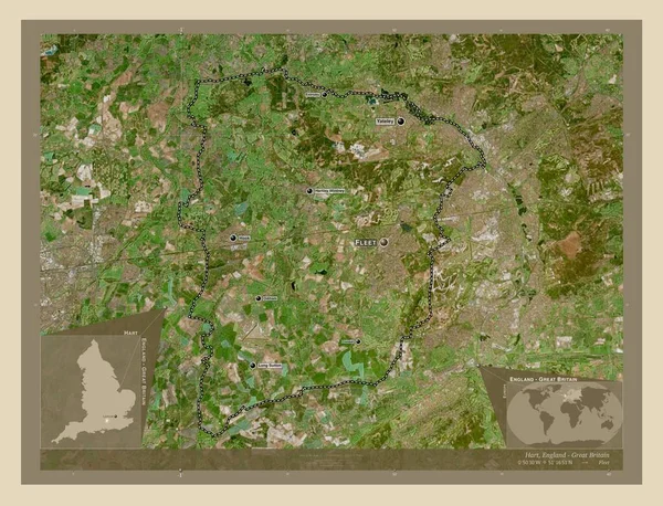 イギリスの首都圏ではないハート イギリス 高解像度衛星地図 地域の主要都市の位置と名前 コーナー補助位置図 — ストック写真
