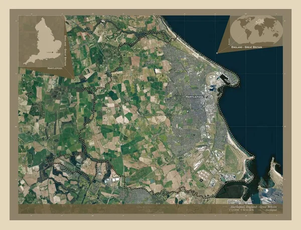 ハートルプール イギリスの統一当局 イギリス 高解像度衛星地図 地域の主要都市の位置と名前 コーナー補助位置図 — ストック写真