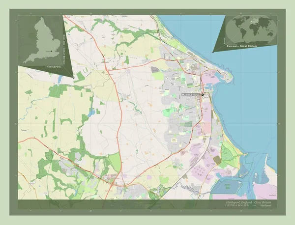 哈特尔普尔 英格兰的统一权威 大不列颠 开放街道地图 该区域主要城市的地点和名称 角辅助位置图 — 图库照片