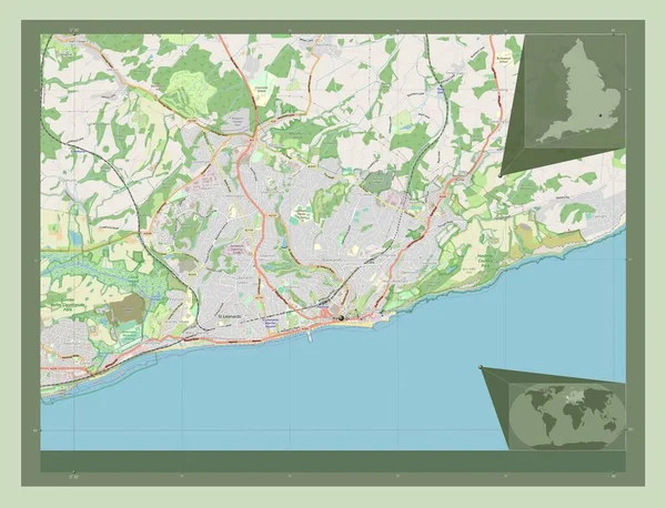 イングランドの首都圏ではない地区 ヘイスティングス イギリス ストリートマップを開く 地域の主要都市の場所 コーナー補助位置図 — ストック写真