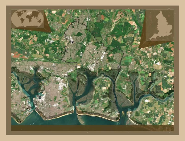 イングランドの非大都市圏 ハバント イギリス 低解像度衛星地図 地域の主要都市の場所 コーナー補助位置図 — ストック写真