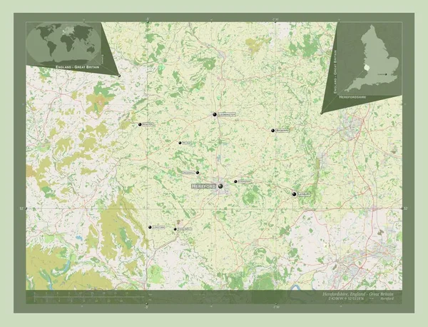ここでは イギリスの単一権限 イギリスのフォードシャー ストリートマップを開く 地域の主要都市の位置と名前 コーナー補助位置図 — ストック写真