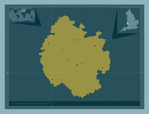 这里是福郡 英格兰的单一政权 大不列颠 固体的颜色形状 该区域主要城市的所在地点 角辅助位置图 — 图库照片