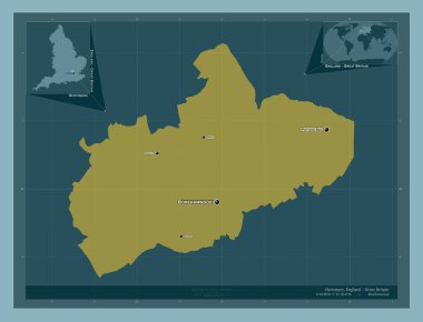 Hertsmere, İngiltere 'nin metropolitan olmayan bölgesi - Büyük Britanya. Katı renk şekli. Bölgenin büyük şehirlerinin yerleri ve isimleri. Köşedeki yedek konum haritaları