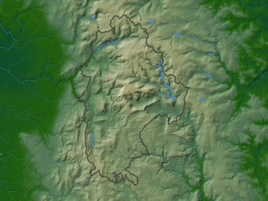 İngiltere 'nin metropolitan olmayan High Peak bölgesi, Büyük Britanya. Gölleri ve nehirleri olan renkli yükseklik haritası