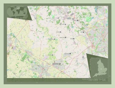 Hinckley ve Bosworth, İngiltere 'nin metropolitan olmayan bölgesi - Büyük Britanya. Açık Sokak Haritası. Bölgenin büyük şehirlerinin yerleri ve isimleri. Köşedeki yedek konum haritaları