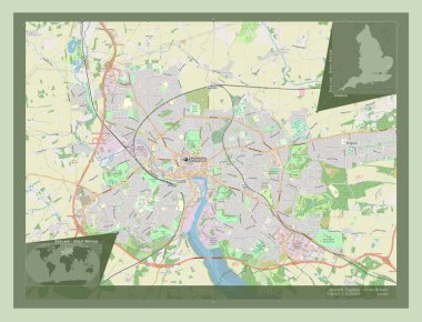 Ipswich, İngiltere 'nin metropolitan olmayan bölgesi - Büyük Britanya. Açık Sokak Haritası. Bölgenin büyük şehirlerinin yerleri ve isimleri. Köşedeki yedek konum haritaları