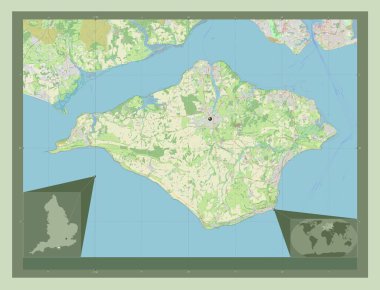 İngiltere 'nin üniter otoritesi Büyük Britanya, Wight Adası. Açık Sokak Haritası. Köşedeki yedek konum haritaları